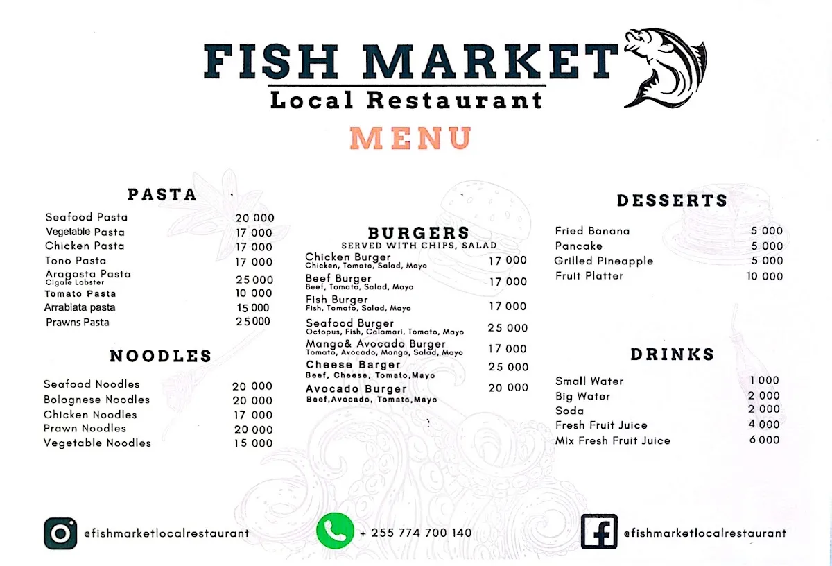 Fish Market menu — page 2: pasta, noodles, burgers, desserts and drinks
