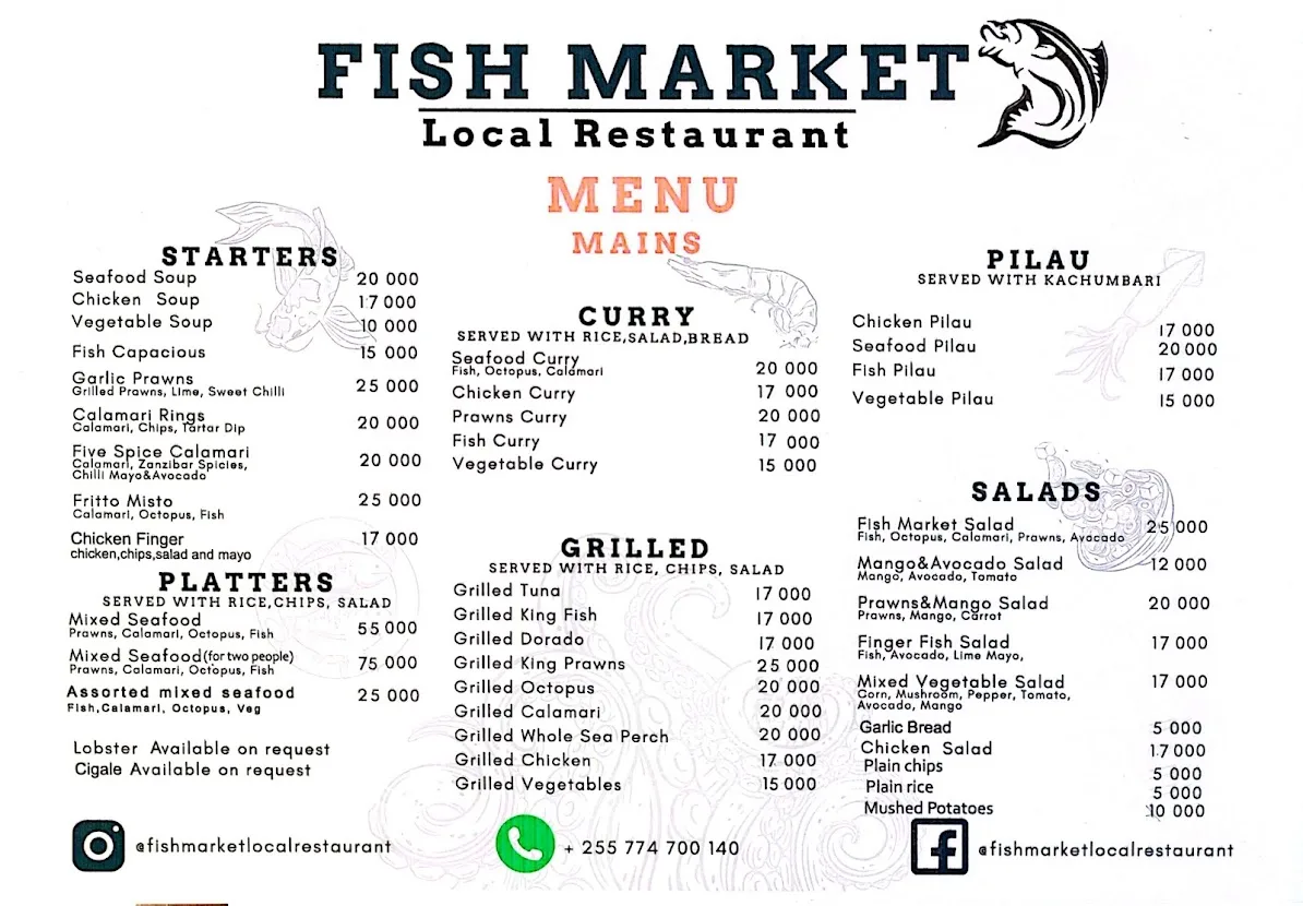 Fish Market menu — page 1: starters, platters, curries, grilled, pilau and salads