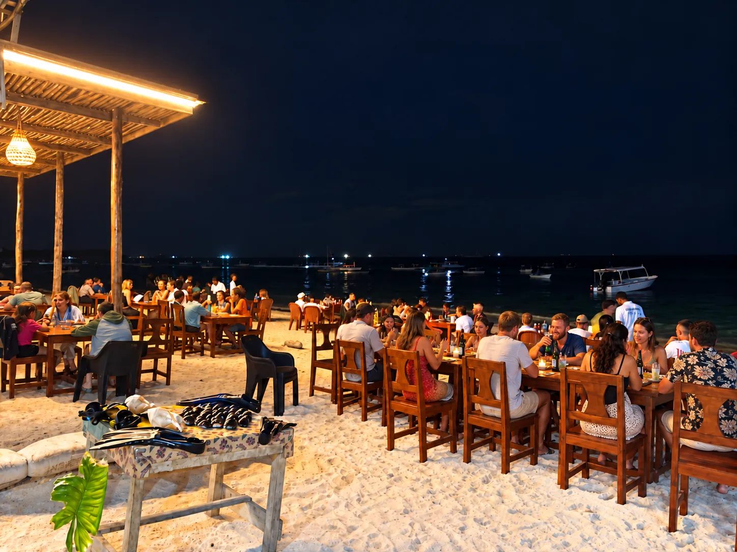 Guests dining at beach tables lit at night on Nungwi beach